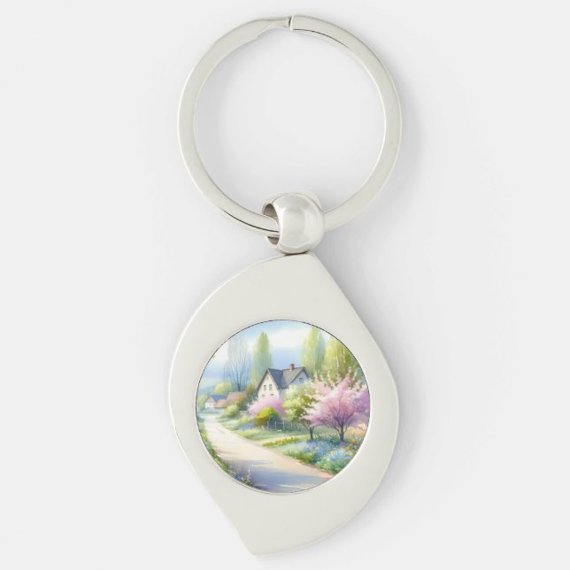 Förtrollad blomsterrik landsvägen swirl silverfärgad nyckelring (Framsidan)