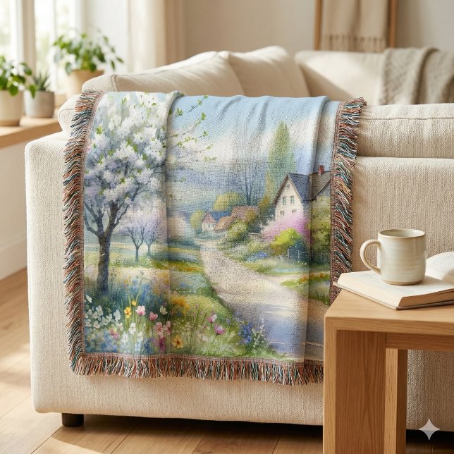 Förtrollad Blomsterrik Lantlig Allé Filt (Enchanted Blossom Country Lane Throw Blanket Over Sofa Arm)