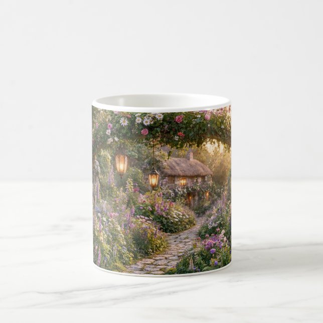 Förtrollad blomsterstuga trädgårdskonst kaffemugg (Center)