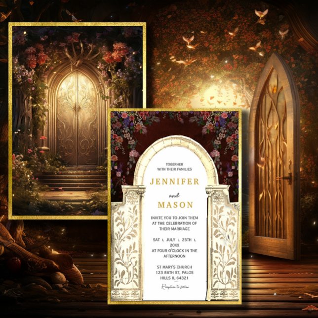 Förtrollad bröllopsinbjudan från Garden Grind Inbjudningar (Enchanted Garden Gate Wedding Invitation #zazzlemade #dreamyinvitation#zazzlefinds #vintagefairytale)