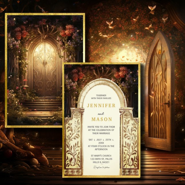 Förtrollad bröllopsinbjudan från Garden Grind Inbjudningar (Enchanted Garden Gate Wedding Invitation #zazzlemade #dreamyinvitation#zazzlefinds #vintagefairytale)