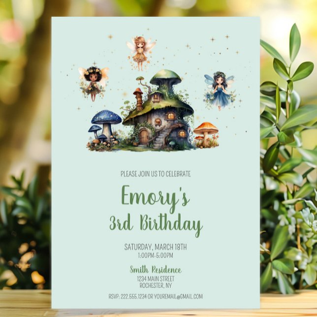 Förtrollad fairy 3rd Birthday Mushroom Inbjudningar (Enchanted Fairy 3rd Birthday Mushroom Invitation, Whimsical Fairy Garden Invite, Woodland Pixie)