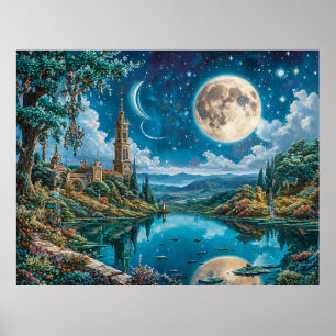 Förtrollad fantasilandskap med månbelyst slott poster