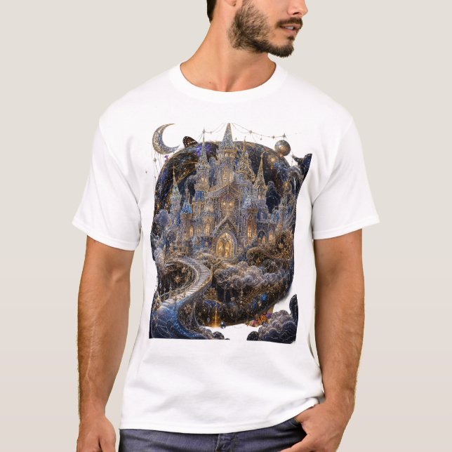 Förtrollad fantasislott under natthimlen konst t-s t shirt (Framsida)