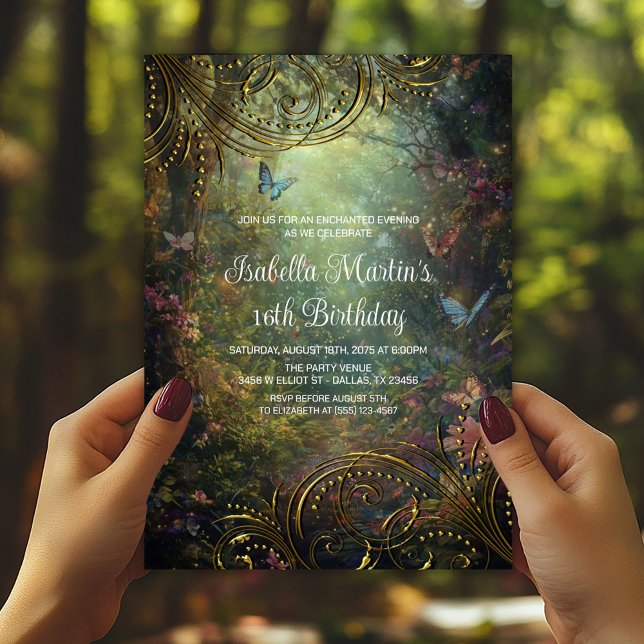 Förtrollad fjärilsskog inbjudningar (Butterfly enchanted forest any occasion, birthday, prom, etc., invite. Simply add your event details)