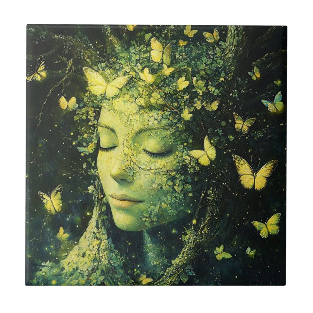 Förtrollad fjärilsskogsgudinna (3) kakelplatta (Framsidan)