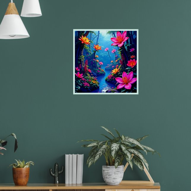 Förtrollad flod blommar i skogskonst poster (Vardagsrum 1)