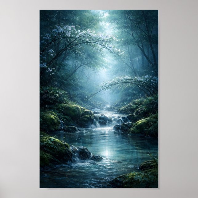 Förtrollad flod i skog under månljus konst poster (Framsidan)