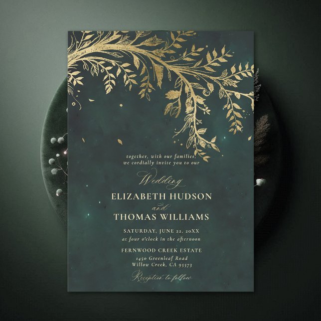 Förtrollad Forest Guld Gren Emerald Grönt Bröllop Inbjudningar (Enchanted Forest Emerald Green Greenery Branch Gold Modern Calligraphy Wedding Invitation)