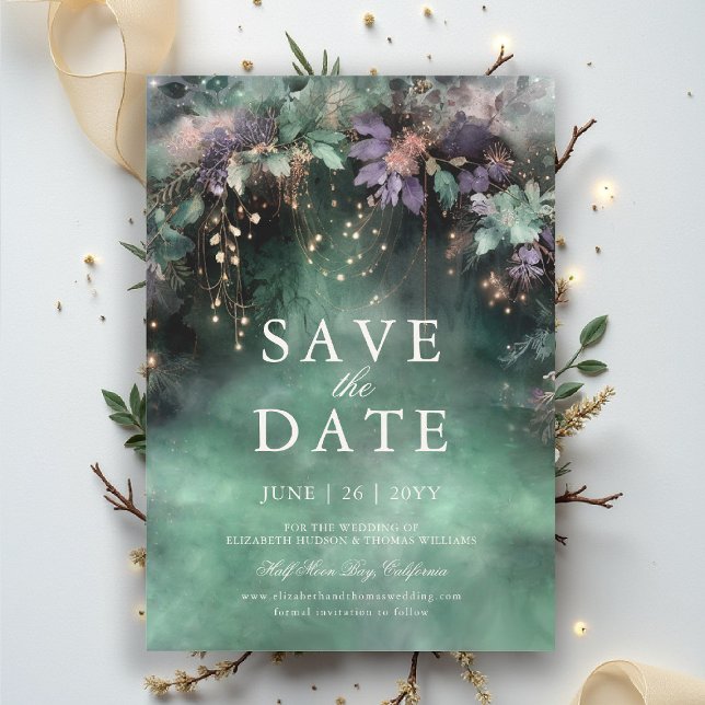 Förtrollad Forest Lavender Bröllop spara datum Inbjudningar (enchanted forest save the date wedding emerald green gold fairytale fairy garden woodland magic)