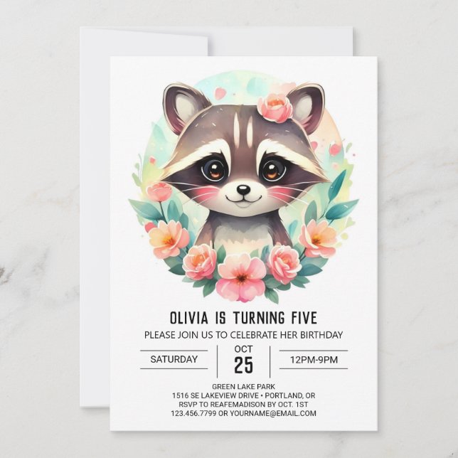 Förtrollad Forest Raccoon Girl Birthday Inbjudningar (Framsida)