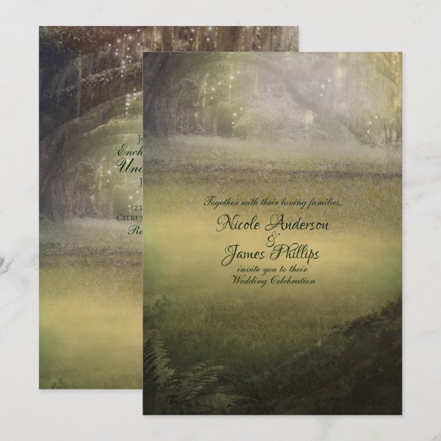 Förtrollad Förtrollande Ljus Skog Rustik Bröllop Inbjudningar (Fram/baksida)