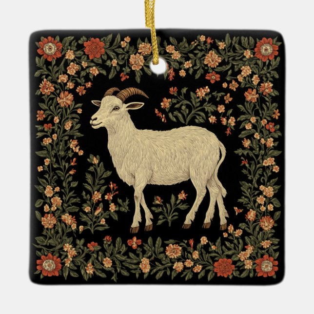 Förtrollad get & blomsterrik folkkonstdesign julgransprydnad keramik (Framsida)