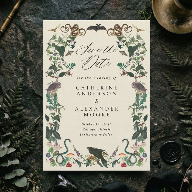Förtrollad gotisk botanisk bröllopsträdgård spara datumet (Dark romantic subtle gothic wedding save the date card with vintage plants and animals frame)