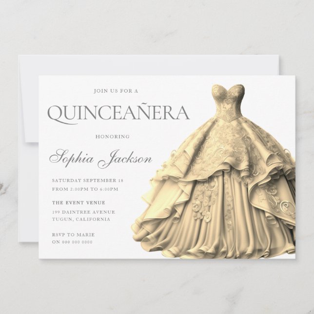 Förtrollad Guld Dress Gown Quinceanera Inbjudningar (Framsida)