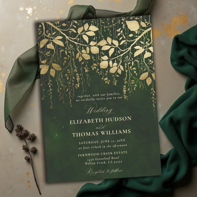Förtrollad Guldbladskog Bröllop i Jägaregrönt Inbjudningar (enchanted forest wedding invitations hunter green gold foliage elegant modern classic)
