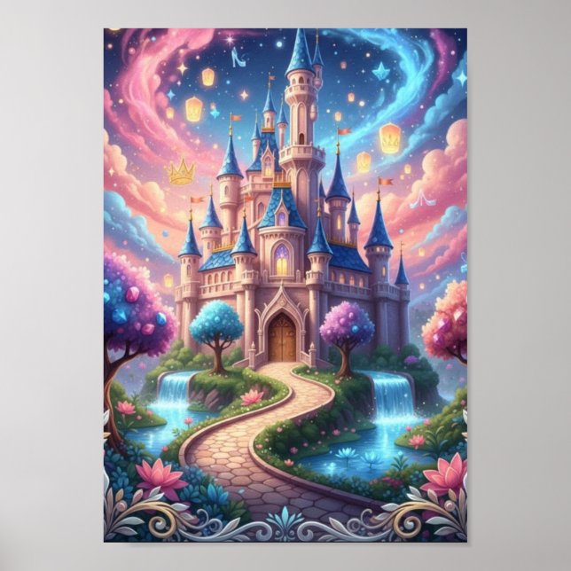 Förtrollad Kosmisk Slott Flytande Lyktor Fantasi  Poster (Framsidan)