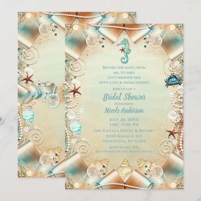 Förtrollad kräm under havets pärlor band bröllop inbjudningar (Fram/baksida)