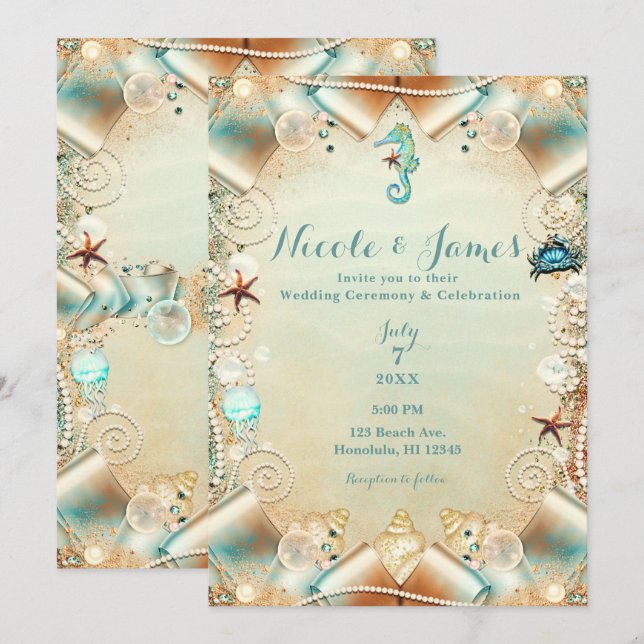 Förtrollad kräm under havets pärlor band bröllop inbjudningar (Fram/baksida)