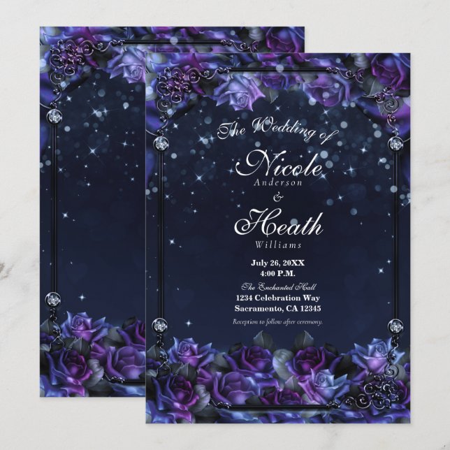 Förtrollad lila fantasins rosor bröllopsträdgård inbjudningar (Fram/baksida)