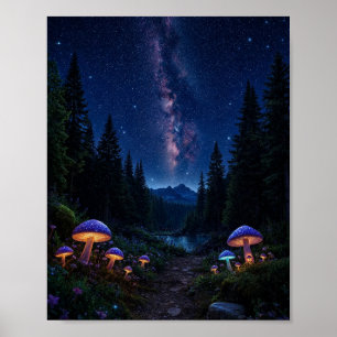 Förtrollad Midnatts Skog: Lysande Svamp Poster
