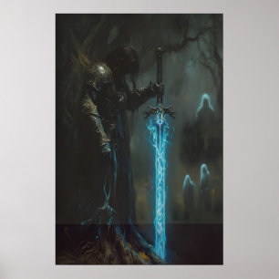 Förtrollad Mörk Medeltida Riddare med Lysande Svär Poster