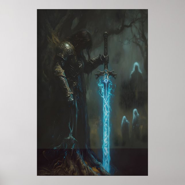 Förtrollad Mörk Medeltida Riddare med Lysande Svär Poster (Framsidan)