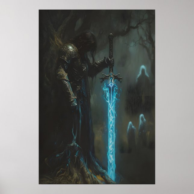 Förtrollad Mörk Medeltida Riddare med Lysande Svär Poster (Framsidan)