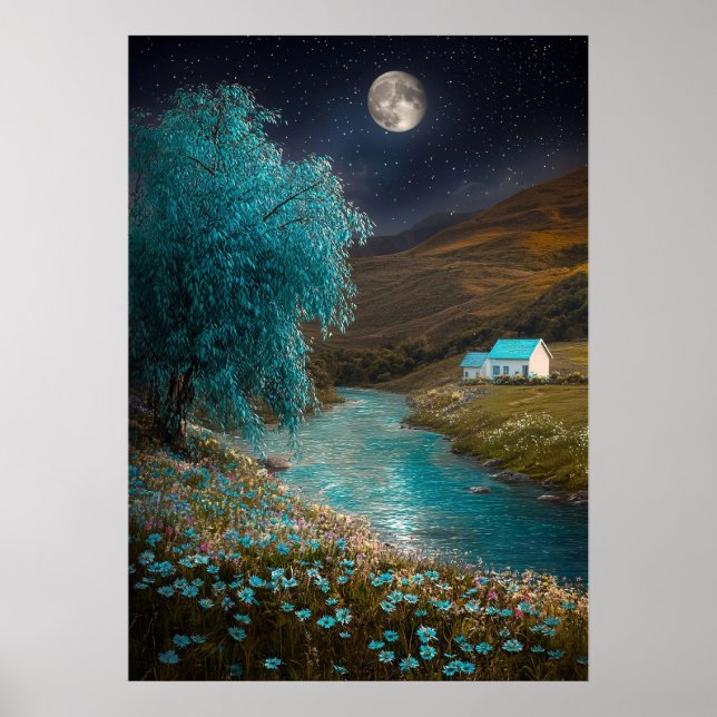 Förtrollad nattlandskap - Drömlik flodscen Poster (Framsidan)