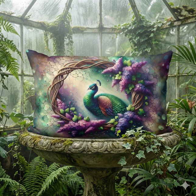 Förtrollad Påfågel Blommig Krans Lumbarkudde (Enchanted Peacock Floral Wreath Lumbar Pillow Mockup A)