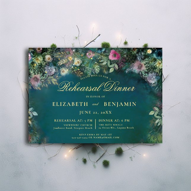 Förtrollad Ro Fairy Tale Rehearsal Middag Inbjudningar (enchanted forest rehearsal dinner invite magic fairy tale woodland roses gold emerald green garden)