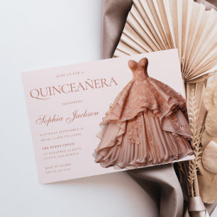Förtrollad Ro Guld Dress Gown Quinceanera Inbjudningar