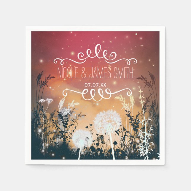 Förtrollad röd kvällshimmel Stjärnor & löv Bröllop Pappersservett (Framsidan)