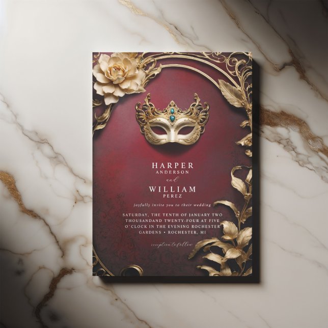 Förtrollad röd och guld Masquerad Bröllop Inbjudningar (ornated red wedding masquerade invitation, elegant with a vintage touch)
