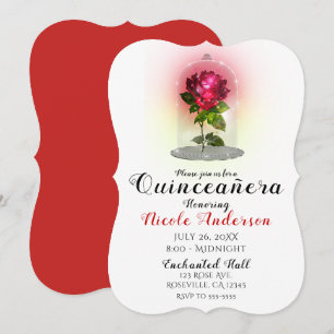 Förtrollad röd ros Glittrande Quinceañera-fest Inbjudningar