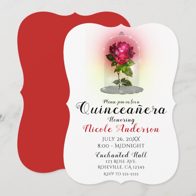 Förtrollad röd ros gnistrande Quinceañera-fest Inbjudningar (Fram/baksida)