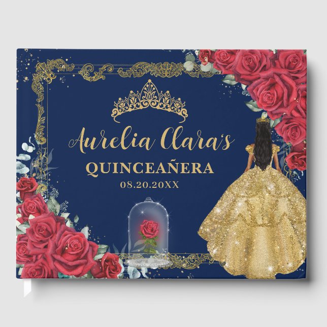Förtrollad röd rosblomma svart hår Quinceanera Gästböcker (Framsida)