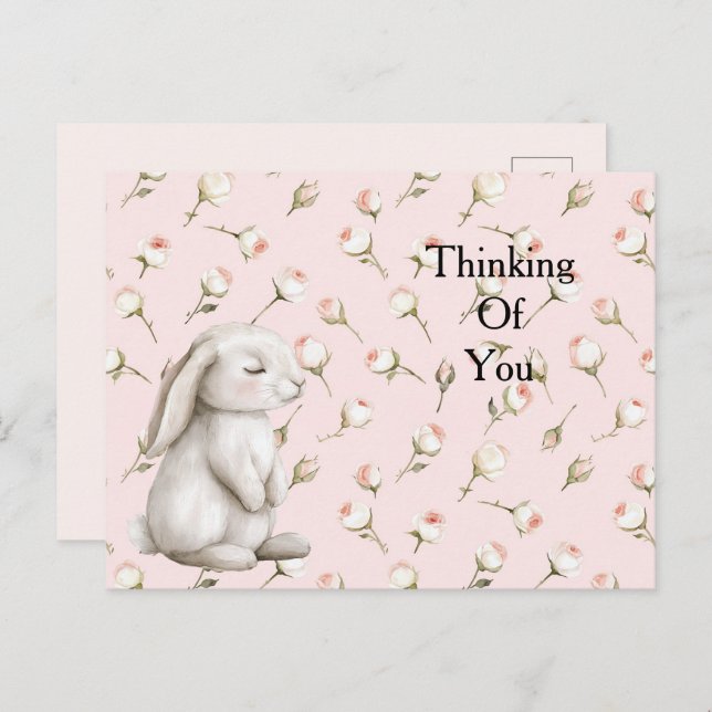 Förtrollad Rosa ros Blommigt Bunny. Vykort (Fram/baksida)