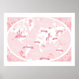 Förtrollad rosa världskarta - Barnens konst Poster