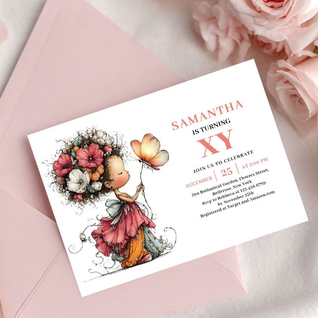 Förtrollad Sagoflicka 2-års Födelsedag Floral Rosa Inbjudningar (Enchanted Fairy Girl 2nd Birthday Floral Pink invitation)