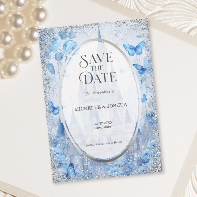 Förtrollad Sagoslott Blommor Fjärilar Spara Datumet (Enchanted Fairytale Castle Floral Butterflies Save The Date)