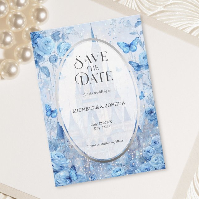 Förtrollad Sagoslott Blommor Fjärilar Spara Datumet (Enchanted Fairytale Castle Floral Butterflies Save The Date)