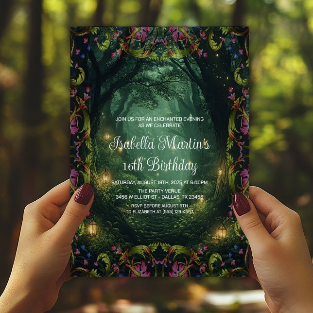 Förtrollad skog Alla tillfällen Prom Fest Inbjudningar (Enchanted forest invitations for birthdays, prom, and any event. Simply add your event details.)