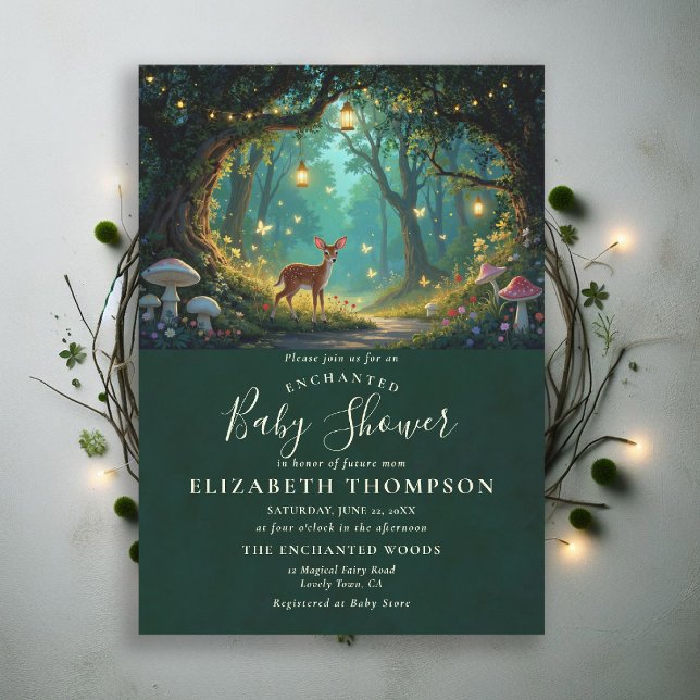 Förtrollad Skog Butterflies Hjort Baby Shower Inbjudningar (woodland baby shower theme invite enchanted forest mushrooms lantern woodland deer emerald grove)