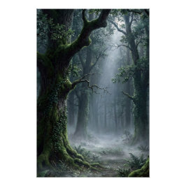 Förtrollad Skog | Dimhöljdt Skogslandskap Fantasi Perfect Poster
