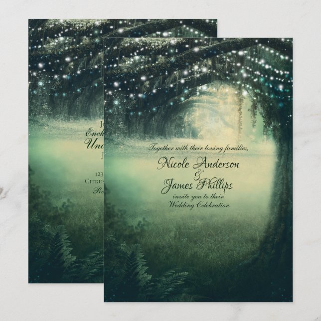 Förtrollad Skog Gröna Blå Ljus Rustik Bröllopsdeko Inbjudningar (Fram/baksida)