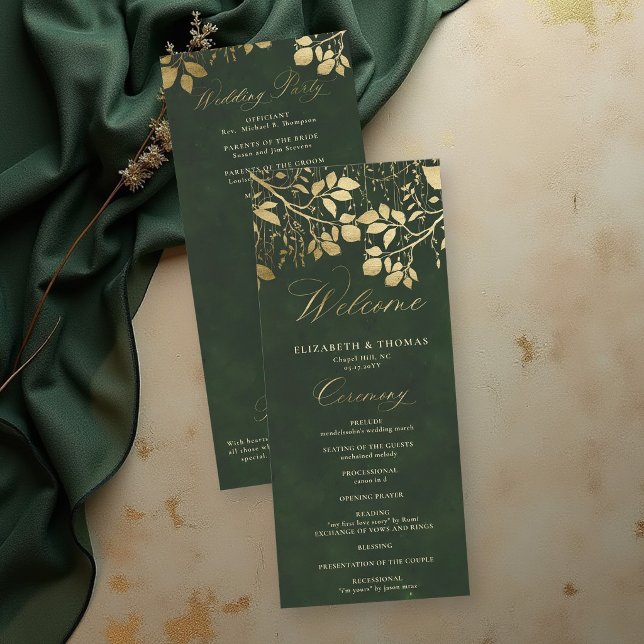 Förtrollad skog Guldblad Bröllopsprogram (enchanted forest wedding theme program card gold foliage hunter green gold elegant)