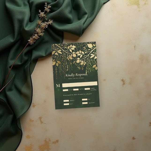 Förtrollad skog Guldblad Grön Bröllop RSVP OSA Kort (enchanted forest wedding theme rsvp reply card gold foliage hunter green gold elegant)