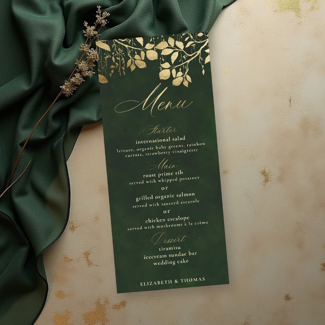 Förtrollad skog Guldblad Jägare Grön Bröllop Meny (enchanted forest wedding theme menu card gold foliage hunter green gold elegant)