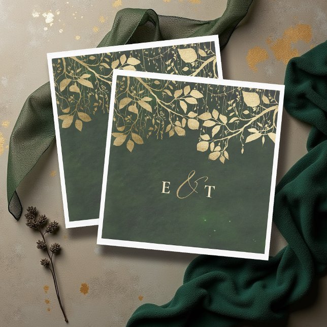 Förtrollad skog Guldblad Jägare Grön Bröllop Pappersservett (enchanted forest wedding theme monogram napkin hunter green gold foliage elegant modern classic)